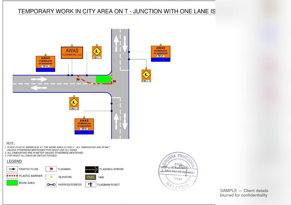Sample TMP design — temporary work in city area at T-junction with one lane closed