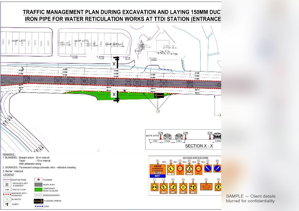 Sample TMP design — excavation and laying of 150mm ductile iron pipe for water reticulation works near MRT station entrance